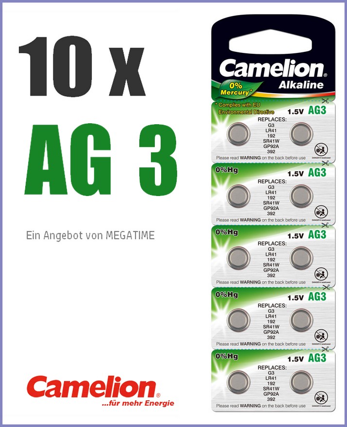 10x AG3  Knopfzelle  Uhrenbatterie  Alkaline  Camelion  0% HG